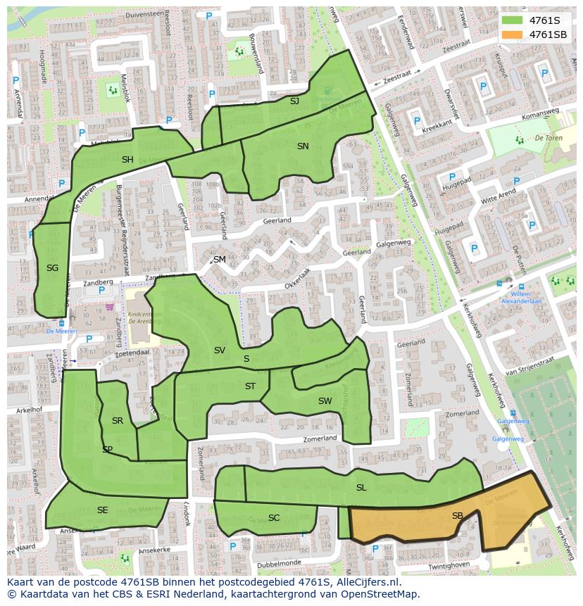 Afbeelding van het postcodegebied 4761 SB op de kaart.
