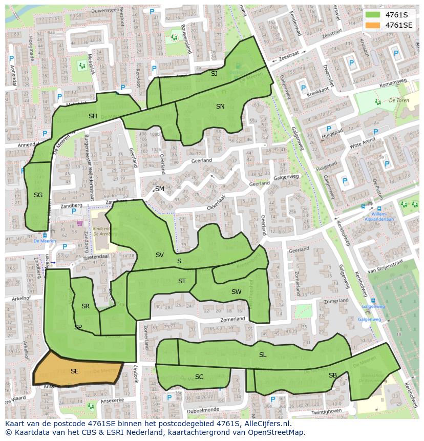 Afbeelding van het postcodegebied 4761 SE op de kaart.