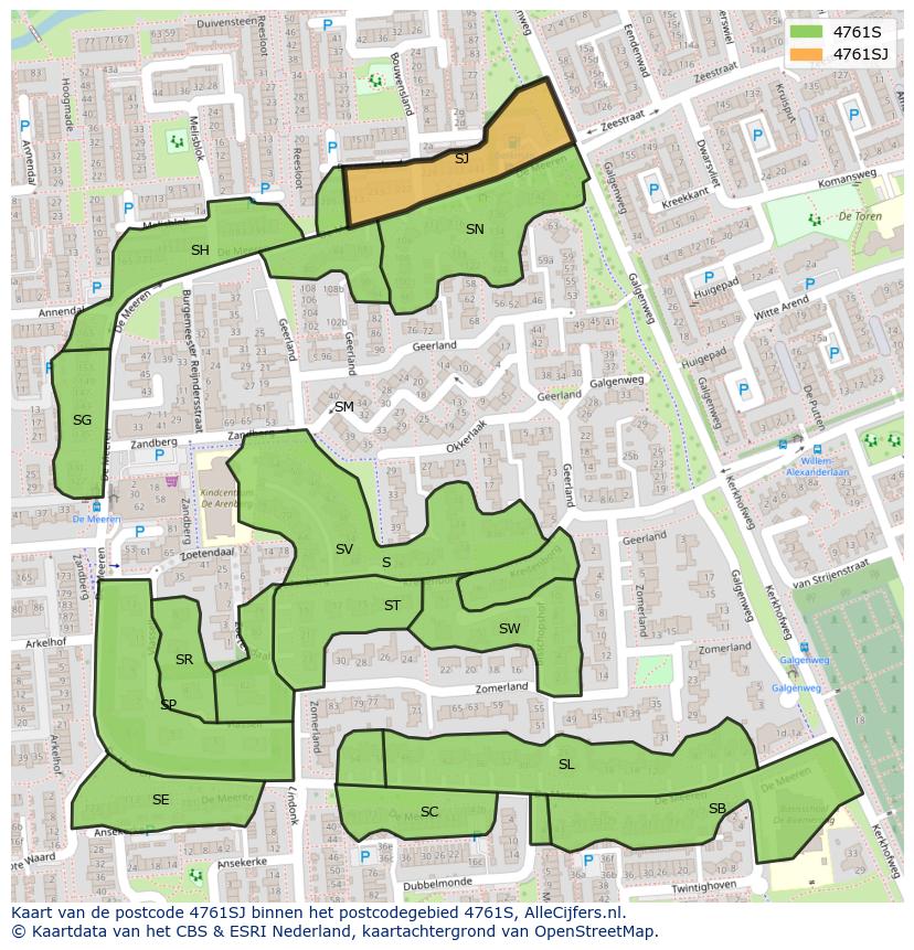 Afbeelding van het postcodegebied 4761 SJ op de kaart.