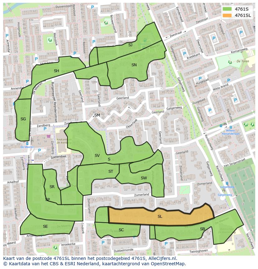 Afbeelding van het postcodegebied 4761 SL op de kaart.