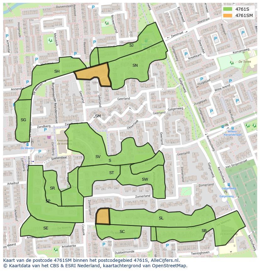 Afbeelding van het postcodegebied 4761 SM op de kaart.