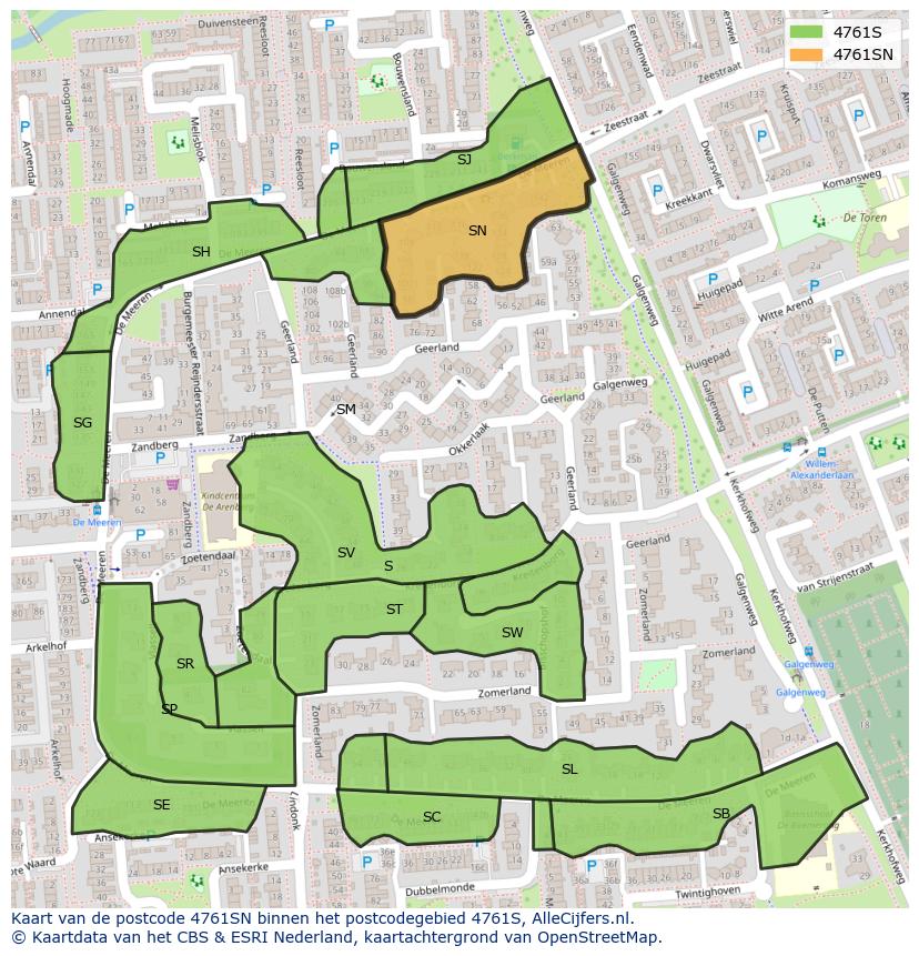 Afbeelding van het postcodegebied 4761 SN op de kaart.
