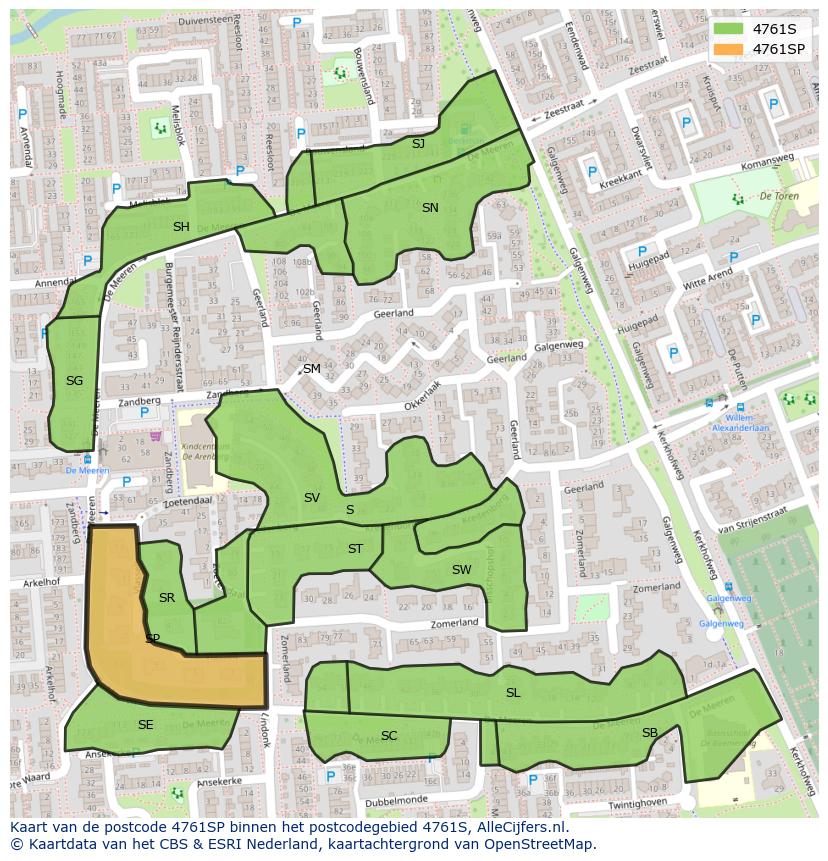 Afbeelding van het postcodegebied 4761 SP op de kaart.