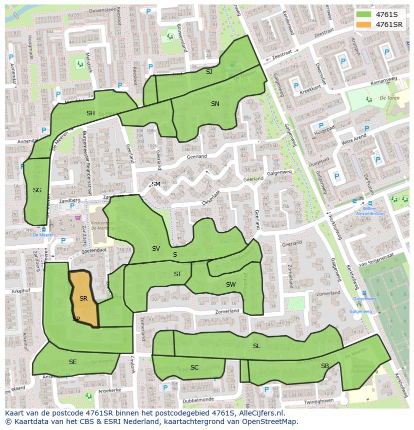 Afbeelding van het postcodegebied 4761 SR op de kaart.