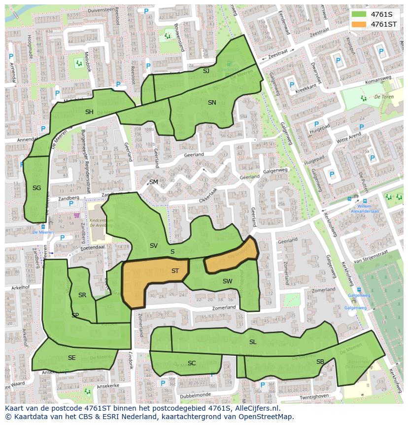 Afbeelding van het postcodegebied 4761 ST op de kaart.