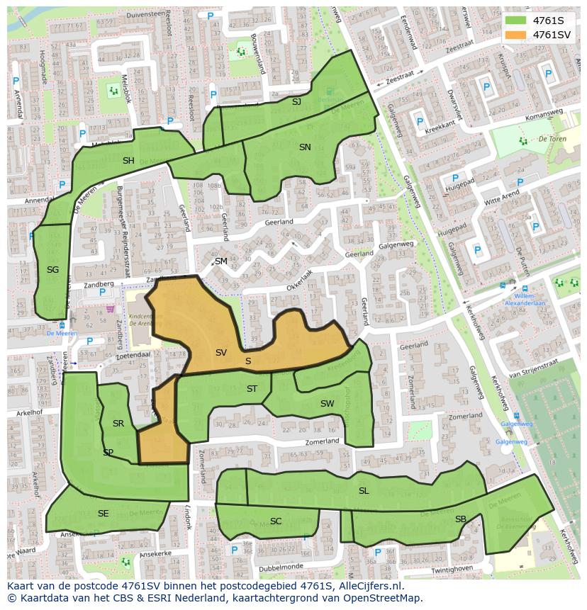 Afbeelding van het postcodegebied 4761 SV op de kaart.