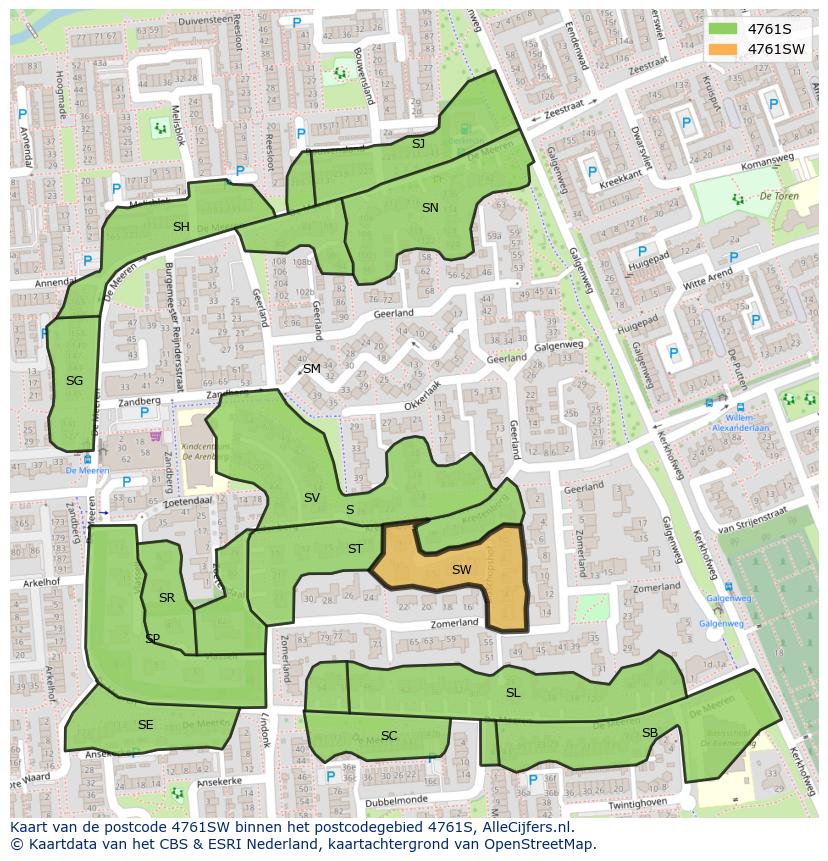 Afbeelding van het postcodegebied 4761 SW op de kaart.