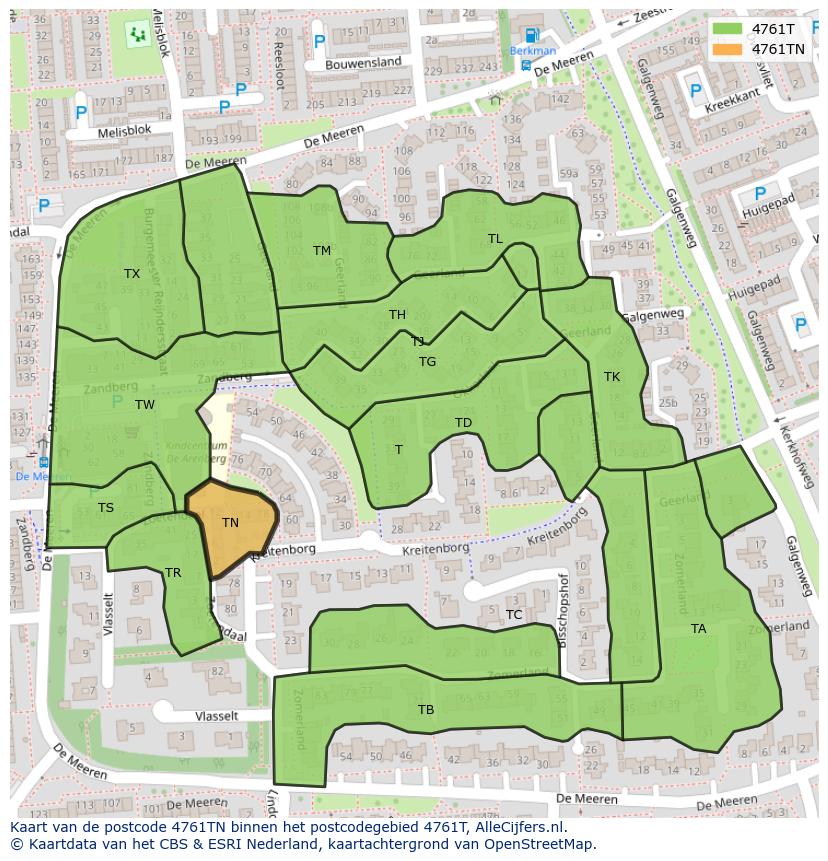 Afbeelding van het postcodegebied 4761 TN op de kaart.