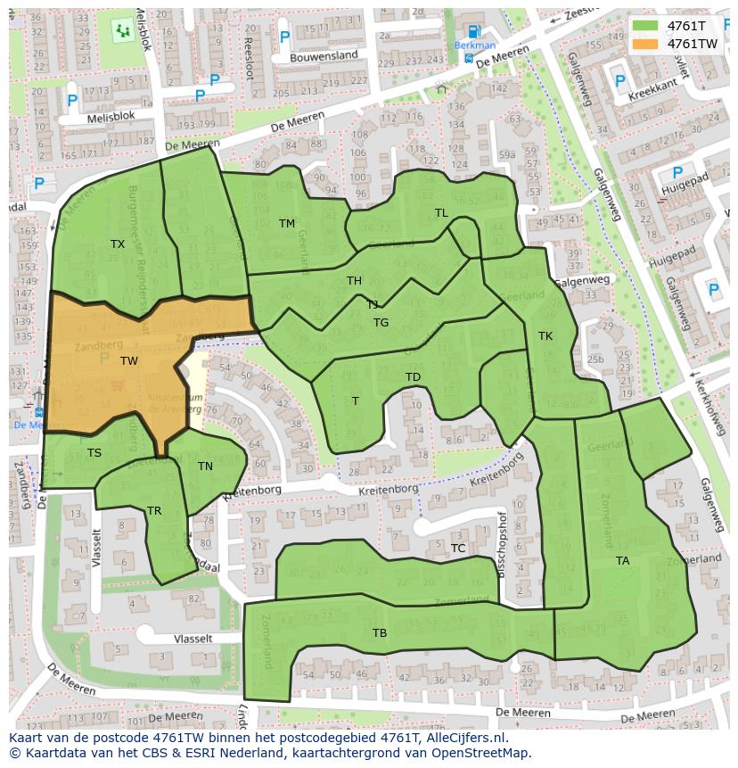 Afbeelding van het postcodegebied 4761 TW op de kaart.