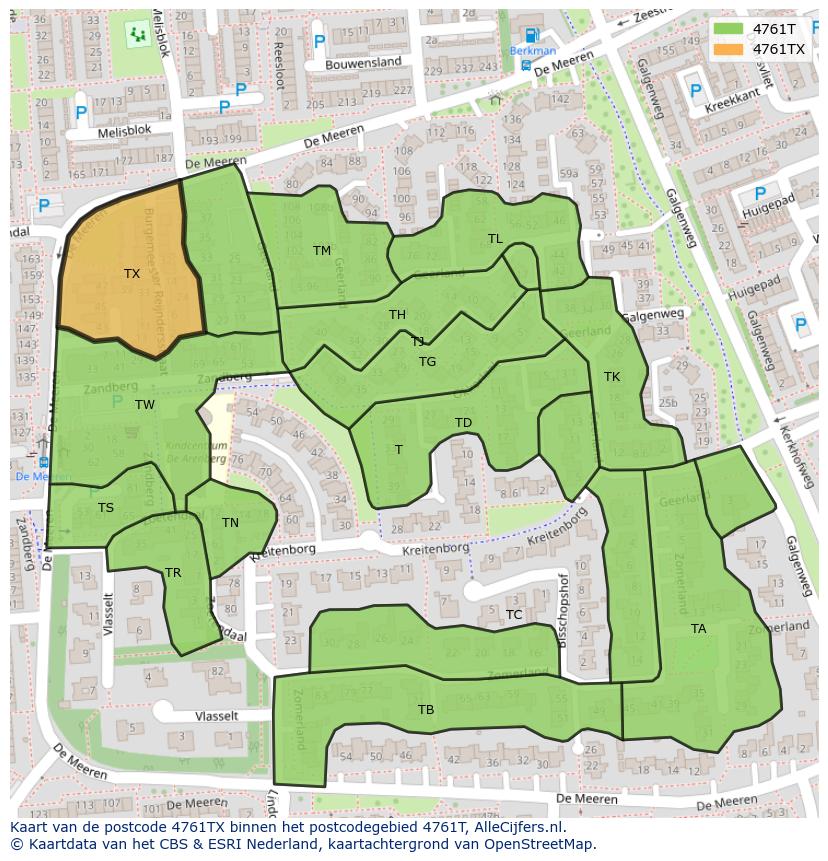Afbeelding van het postcodegebied 4761 TX op de kaart.