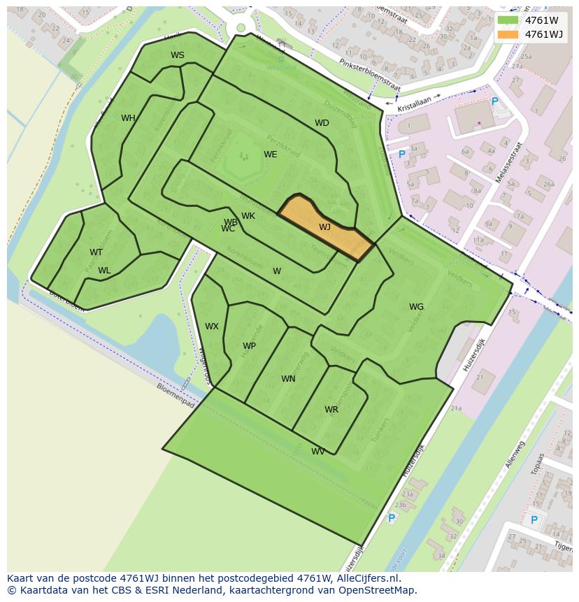 Afbeelding van het postcodegebied 4761 WJ op de kaart.