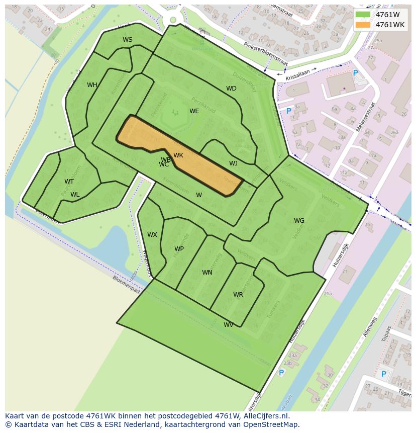 Afbeelding van het postcodegebied 4761 WK op de kaart.