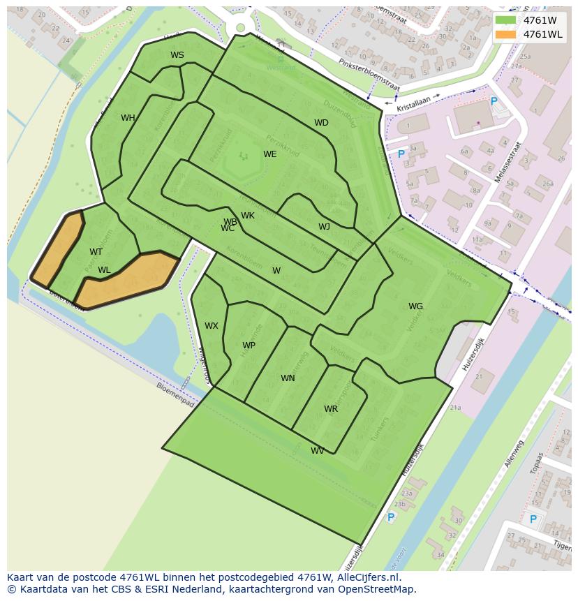 Afbeelding van het postcodegebied 4761 WL op de kaart.