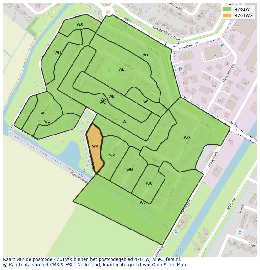 Afbeelding van het postcodegebied 4761 WX op de kaart.