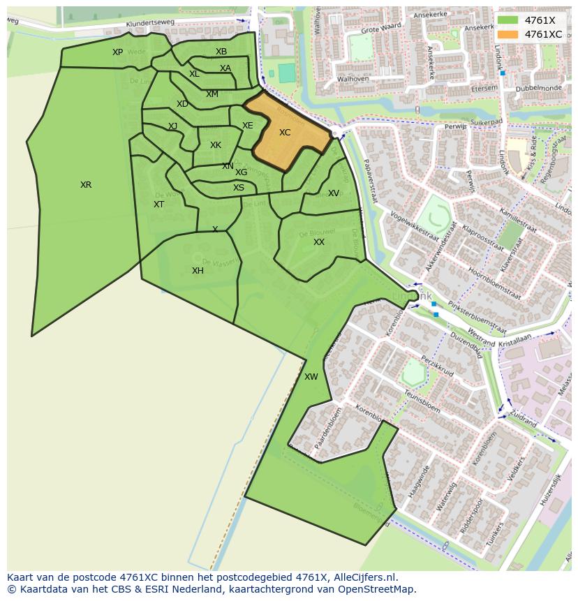 Afbeelding van het postcodegebied 4761 XC op de kaart.