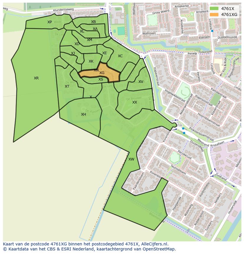 Afbeelding van het postcodegebied 4761 XG op de kaart.
