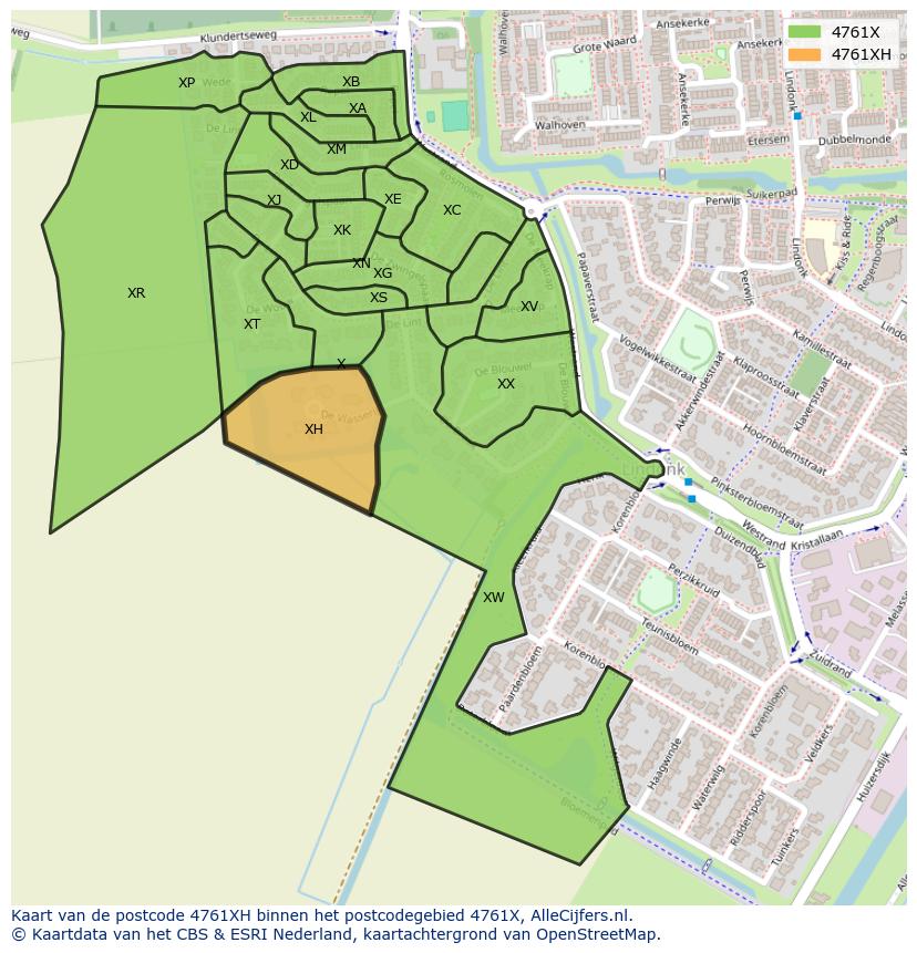 Afbeelding van het postcodegebied 4761 XH op de kaart.