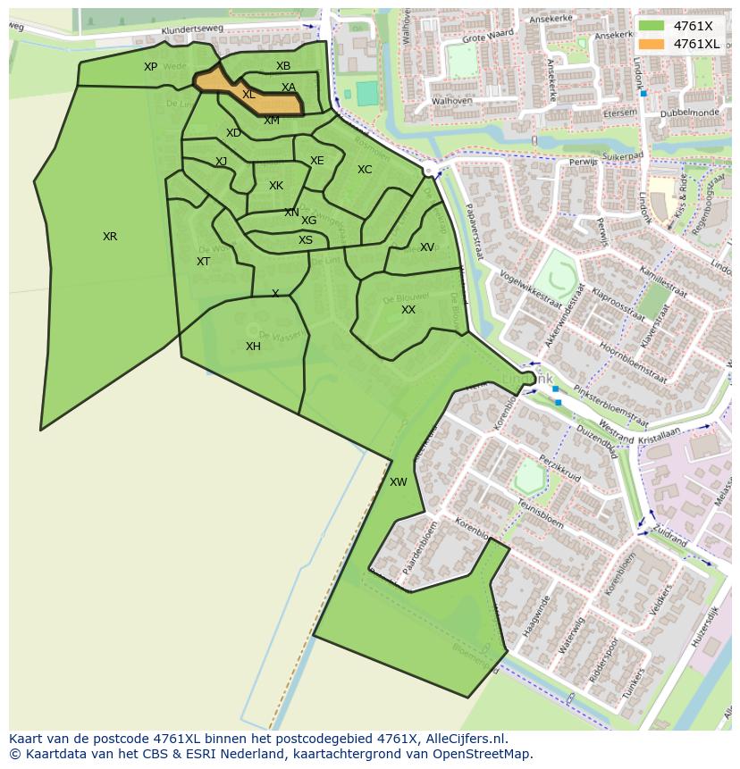 Afbeelding van het postcodegebied 4761 XL op de kaart.