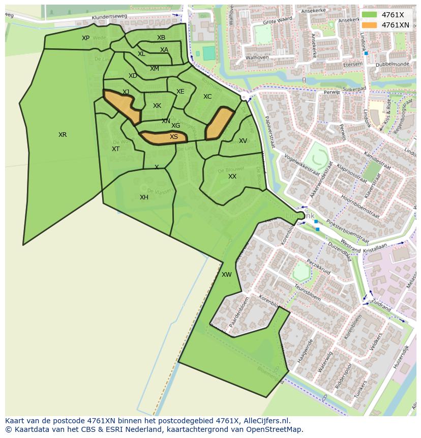 Afbeelding van het postcodegebied 4761 XN op de kaart.