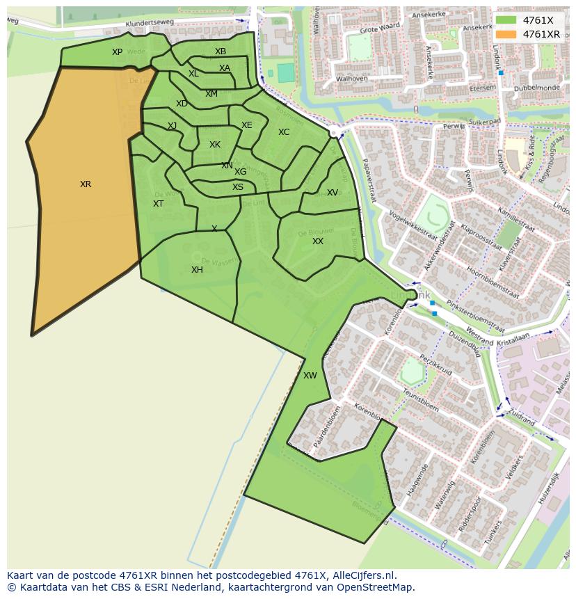 Afbeelding van het postcodegebied 4761 XR op de kaart.