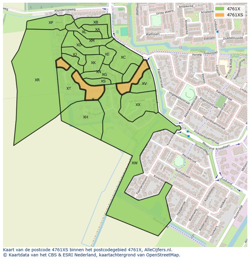 Afbeelding van het postcodegebied 4761 XS op de kaart.