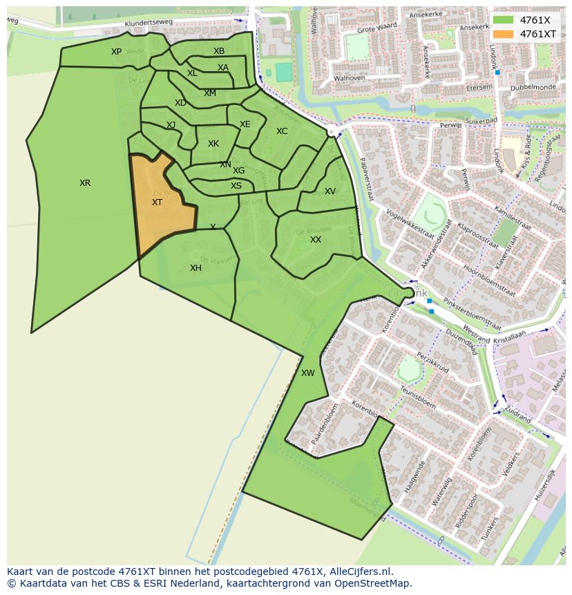 Afbeelding van het postcodegebied 4761 XT op de kaart.
