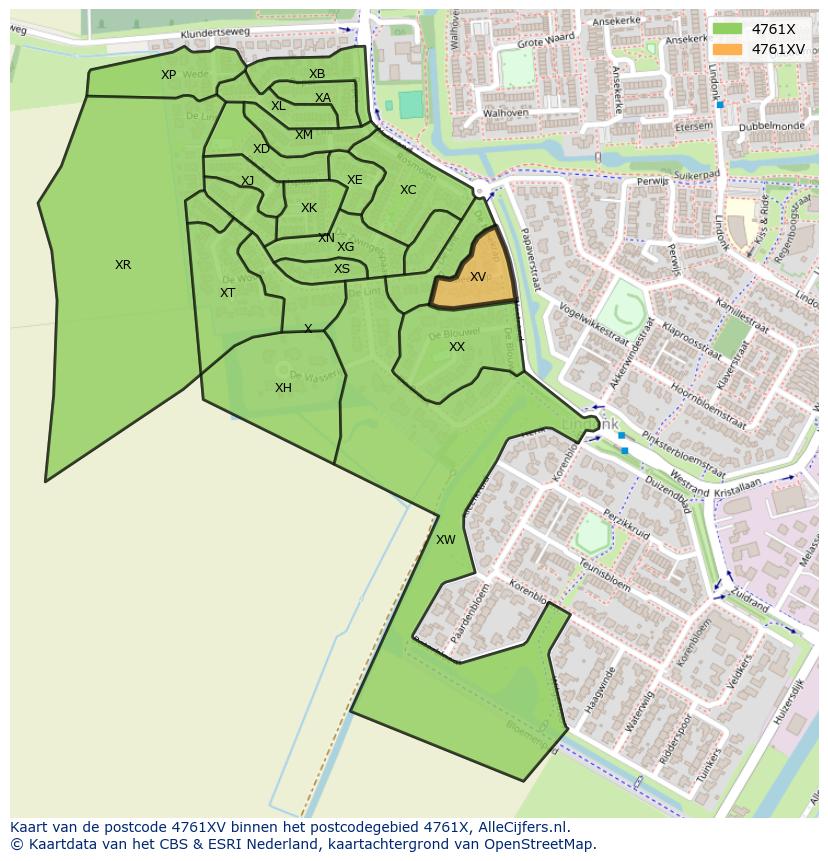 Afbeelding van het postcodegebied 4761 XV op de kaart.