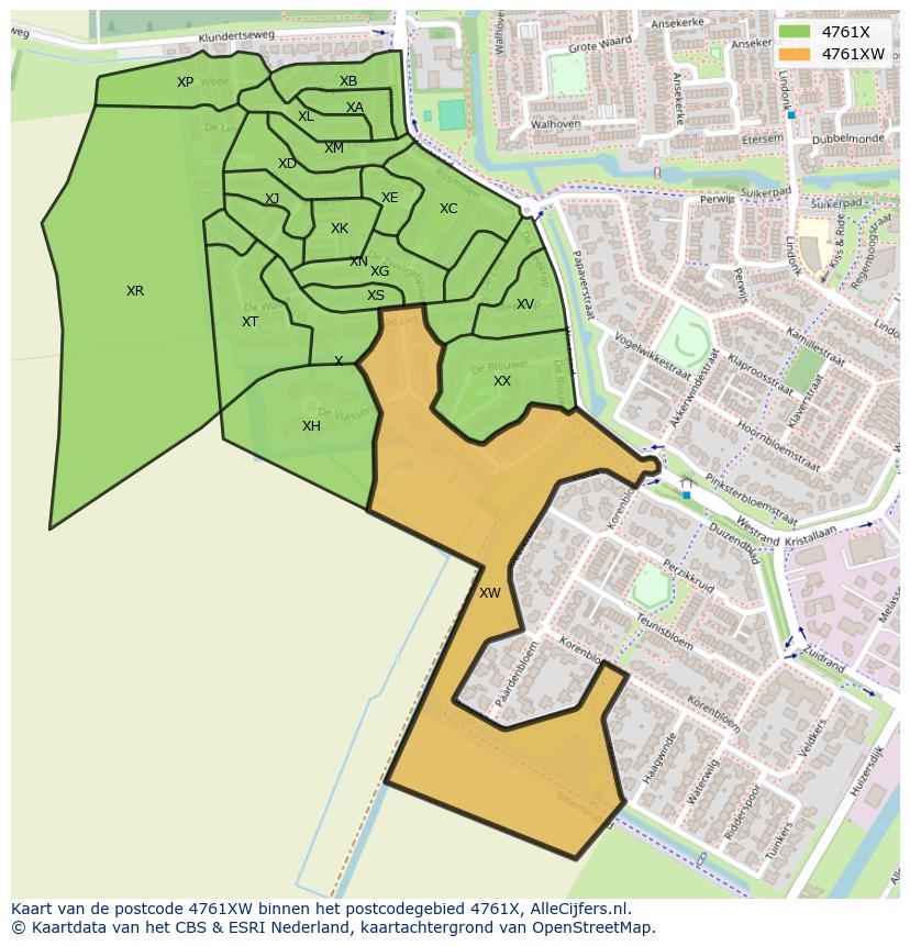 Afbeelding van het postcodegebied 4761 XW op de kaart.