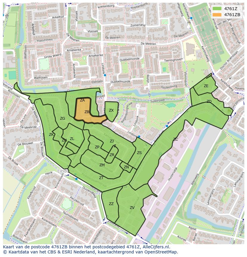 Afbeelding van het postcodegebied 4761 ZB op de kaart.