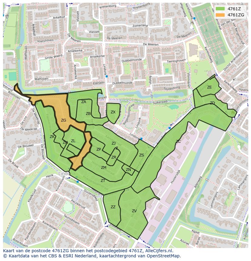 Afbeelding van het postcodegebied 4761 ZG op de kaart.