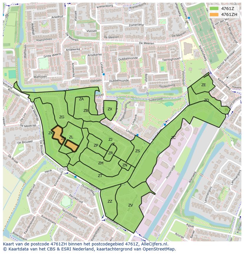 Afbeelding van het postcodegebied 4761 ZH op de kaart.
