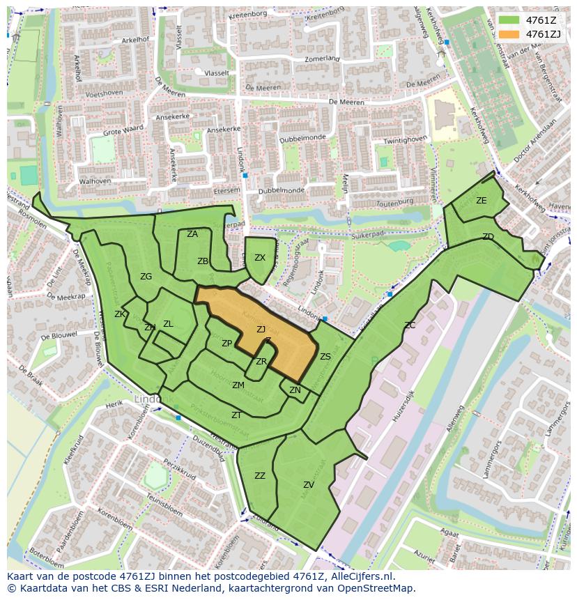 Afbeelding van het postcodegebied 4761 ZJ op de kaart.