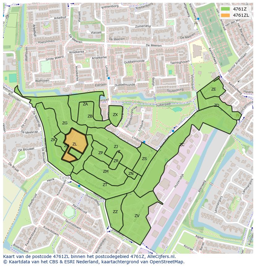 Afbeelding van het postcodegebied 4761 ZL op de kaart.