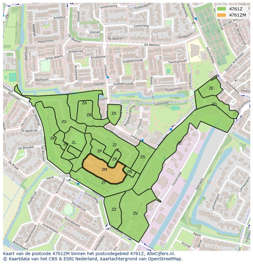 Afbeelding van het postcodegebied 4761 ZM op de kaart.