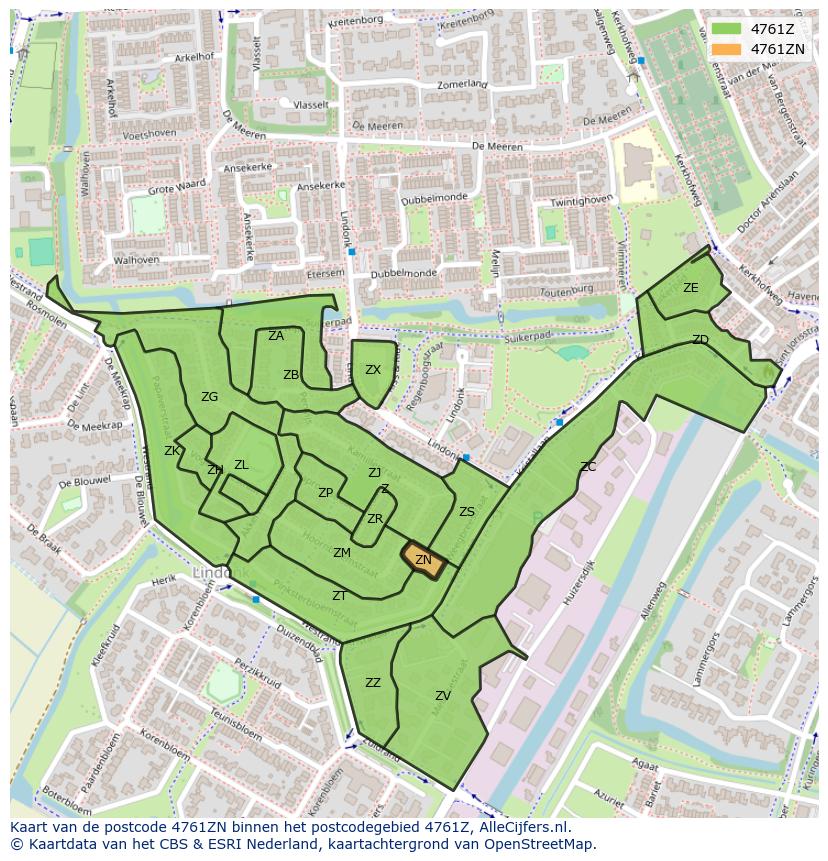 Afbeelding van het postcodegebied 4761 ZN op de kaart.