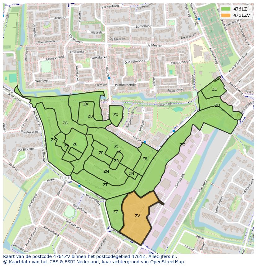 Afbeelding van het postcodegebied 4761 ZV op de kaart.