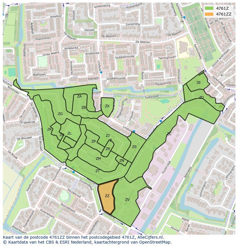 Afbeelding van het postcodegebied 4761 ZZ op de kaart.
