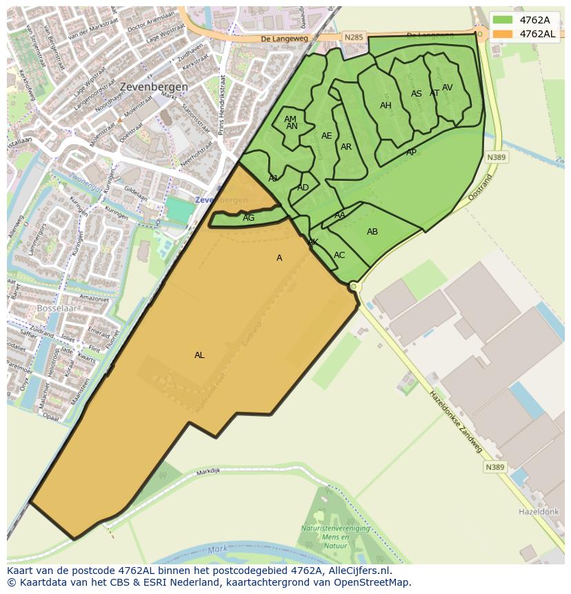 Afbeelding van het postcodegebied 4762 AL op de kaart.