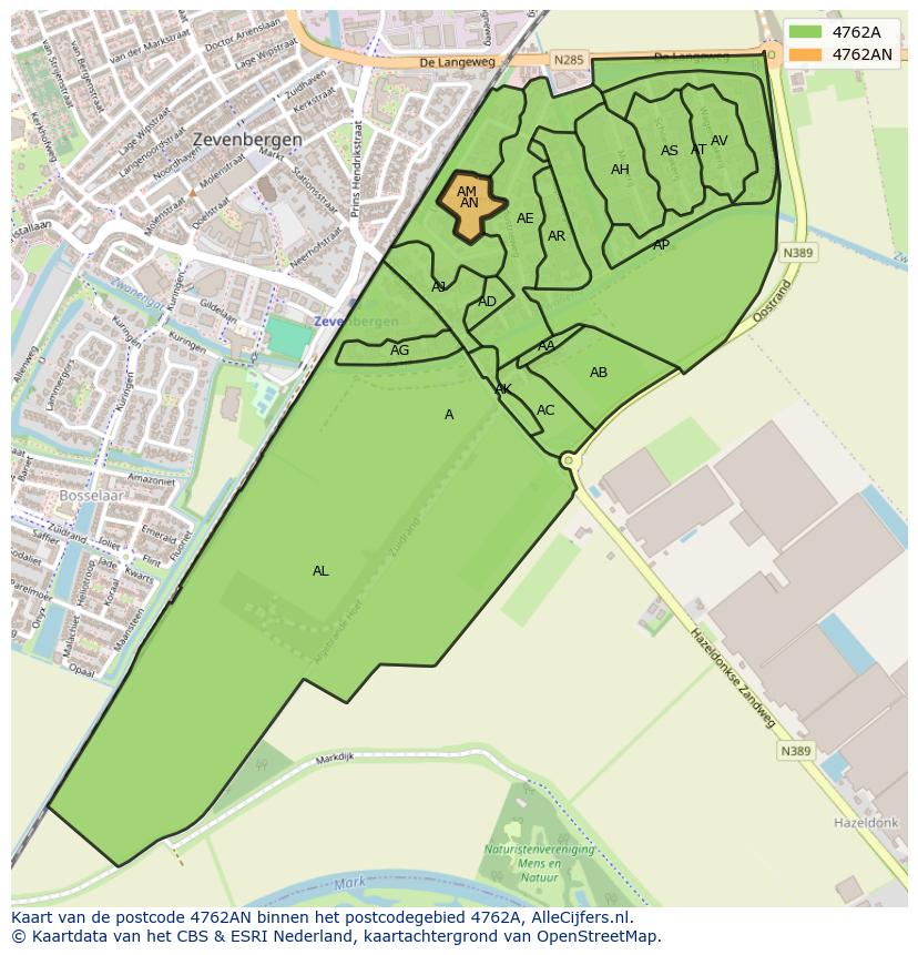 Afbeelding van het postcodegebied 4762 AN op de kaart.