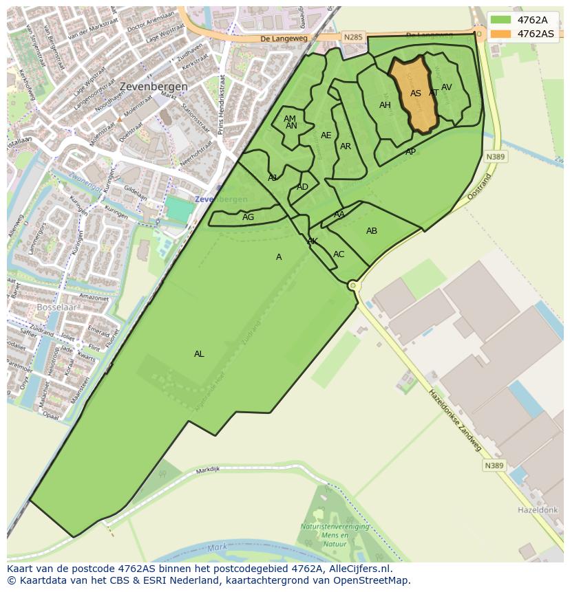 Afbeelding van het postcodegebied 4762 AS op de kaart.