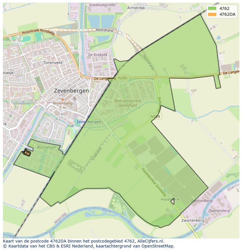 Afbeelding van het postcodegebied 4762 DA op de kaart.