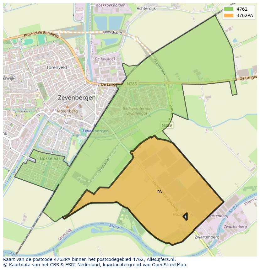 Afbeelding van het postcodegebied 4762 PA op de kaart.