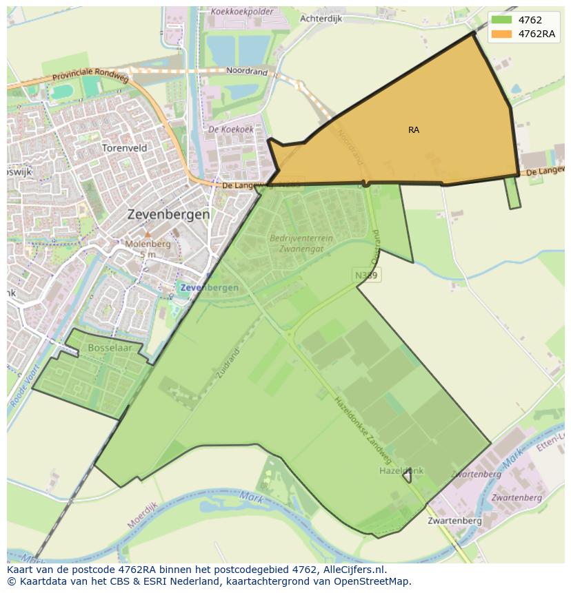 Afbeelding van het postcodegebied 4762 RA op de kaart.