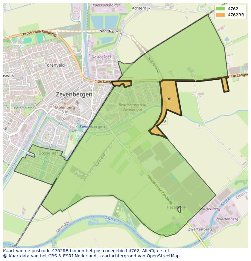 Afbeelding van het postcodegebied 4762 RB op de kaart.