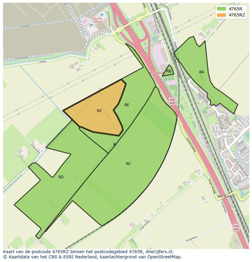 Afbeelding van het postcodegebied 4765 RZ op de kaart.