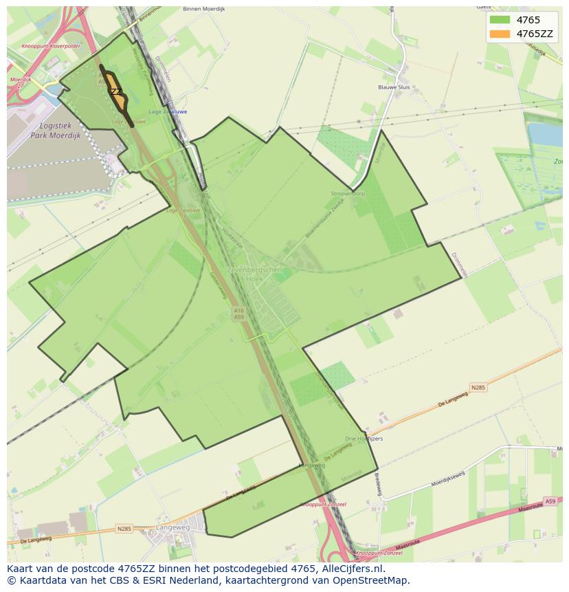 Afbeelding van het postcodegebied 4765 ZZ op de kaart.