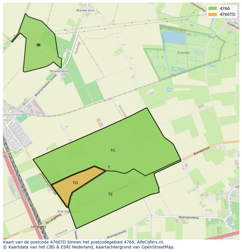 Afbeelding van het postcodegebied 4766 TD op de kaart.