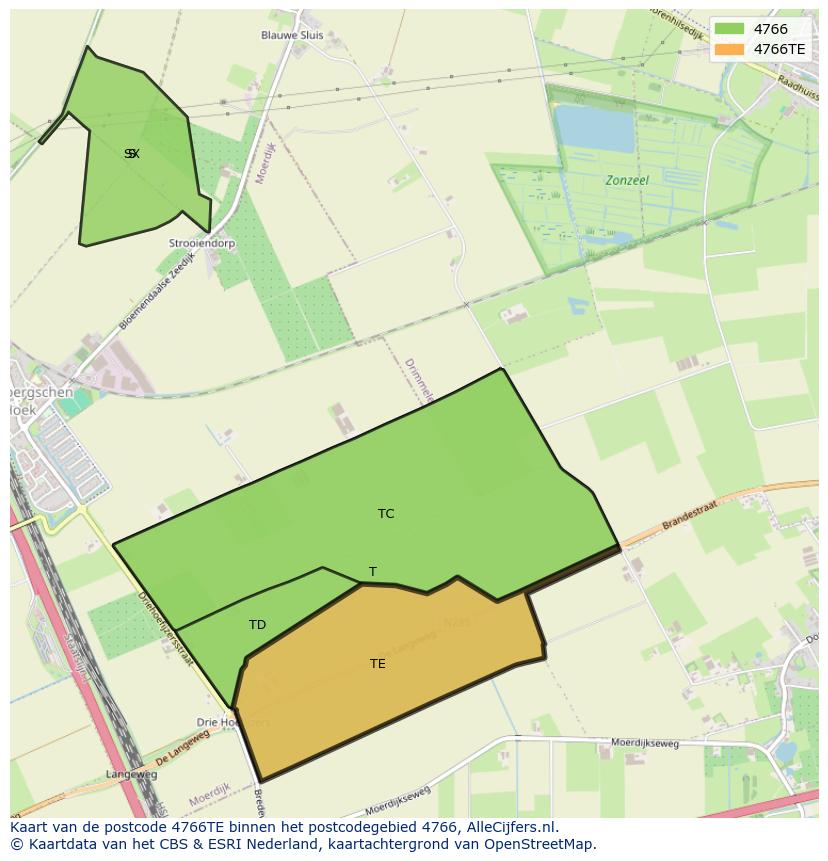 Afbeelding van het postcodegebied 4766 TE op de kaart.