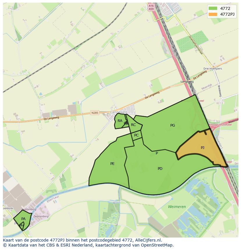 Afbeelding van het postcodegebied 4772 PJ op de kaart.