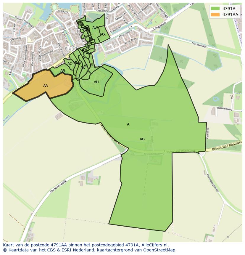 Afbeelding van het postcodegebied 4791 AA op de kaart.